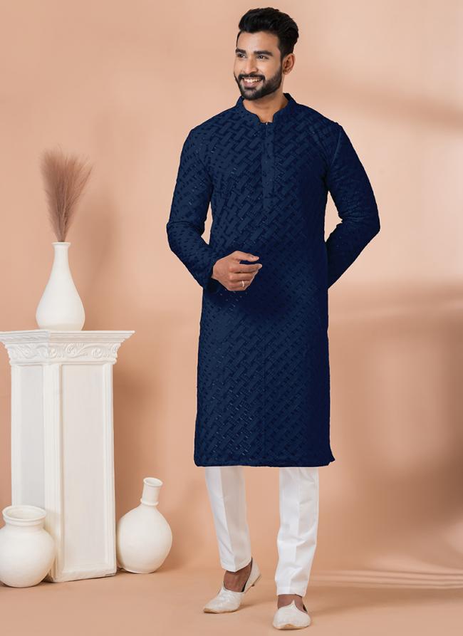 Georgette Navy Blue Festival Wear Sequins Work Readymade Kurta Pajama